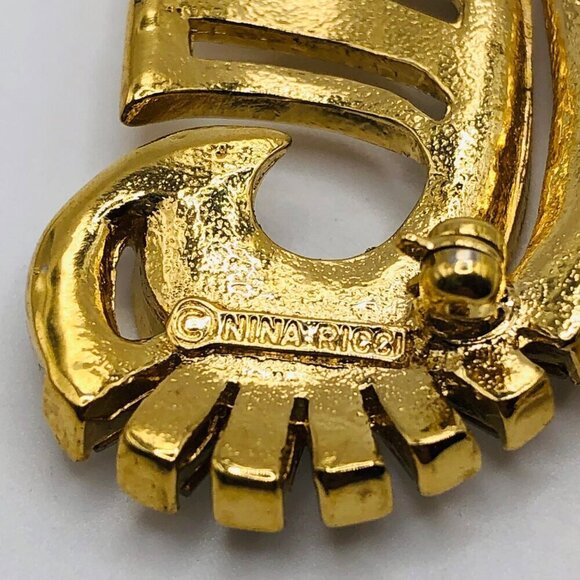 Vintage Nina Ricci Brooch Rhinestones Gold Tone Leaf 3" Classic Collectible - Picture 6 of 8